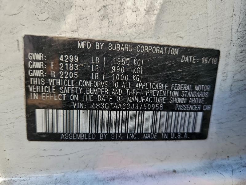 97870105 :رقم المزاد ، 4S3GTAA63J3750958 vin ، 2018 Subaru Impreza مزاد بيع