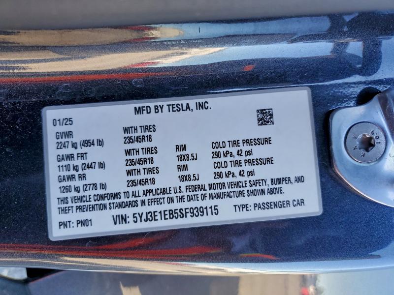 93787575 :رقم المزاد ، 5YJ3E1EB5SF939115 vin ، 2025 Tesla Model 3 مزاد بيع