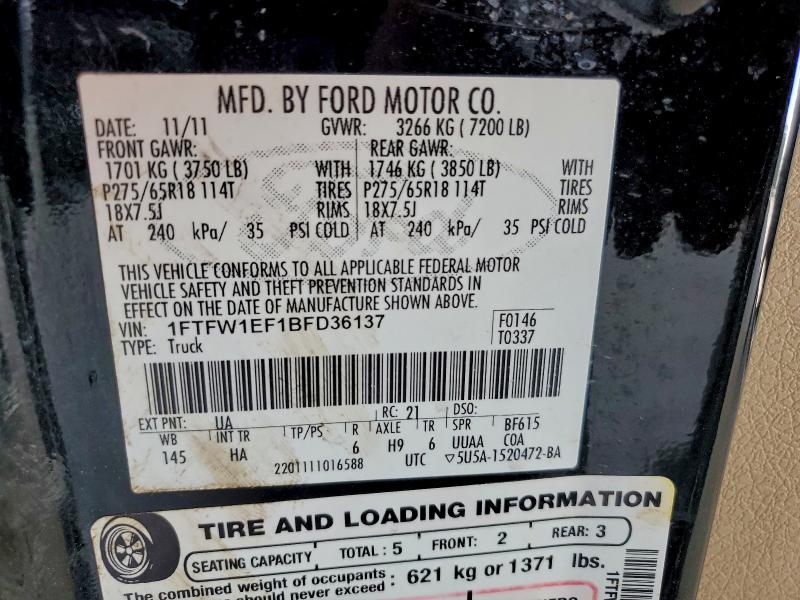 2011 Ford F150 მანქანა იყიდება აუქციონზე, vin: 1FTFW1EF1BFD36137, აუქციონის ნომერი: 97410315