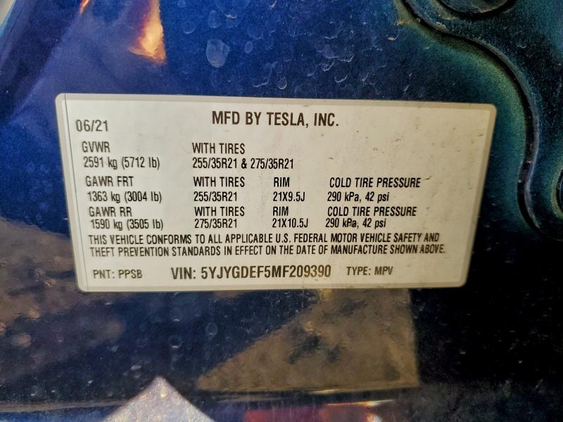 2021 Tesla Model Y მანქანა იყიდება აუქციონზე, vin: 5YJYGDEF5MF209390, აუქციონის ნომერი: 95121305