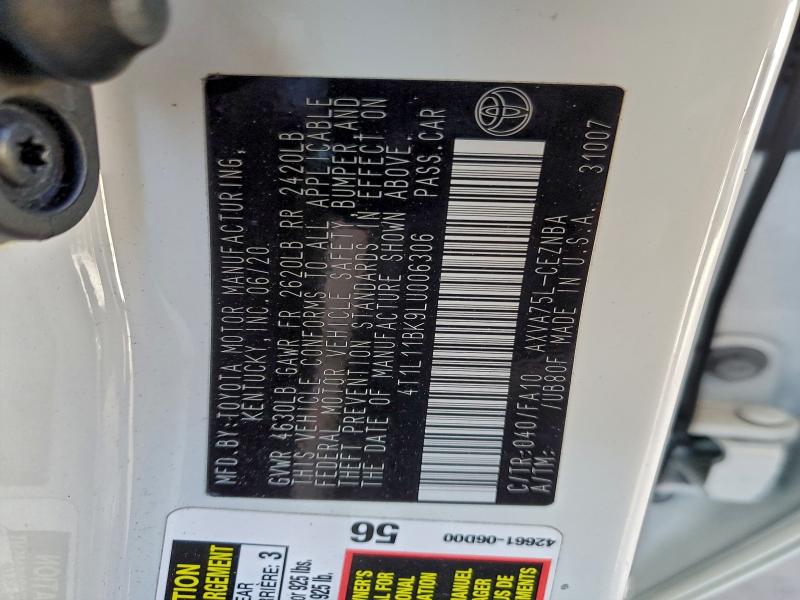 2020 Toyota Camry მანქანა იყიდება აუქციონზე, vin: 4T1L11BK9LU006306, აუქციონის ნომერი: 96339465