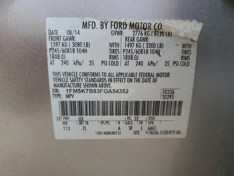Продаж на аукціоні авто 2015 Ford Explorer, vin: 1FM5K7B83FGA54352, номер лоту: 97309365