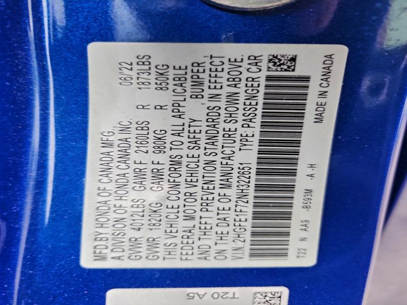 Продажа на аукционе авто 2022 Honda Civic Ex, vin: 2HGFE1F72NH322651, номер лота: 97445215