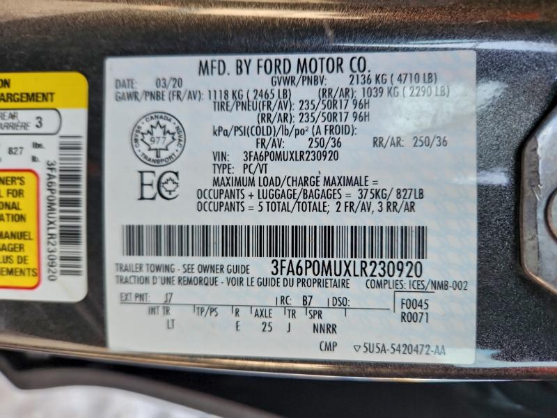 Продажа на аукционе авто 2020 Ford Fusion, vin: 3FA6P0MUXLR230920, номер лота: 97384645