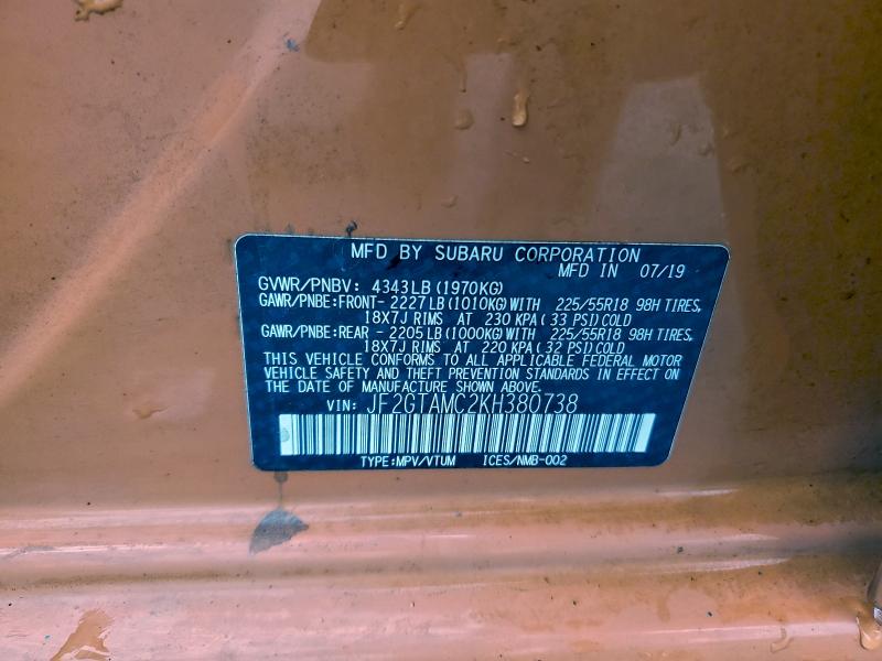 2019 Subaru Crosstrek მანქანა იყიდება აუქციონზე, vin: JF2GTAMC2KH380738, აუქციონის ნომერი: 95308515