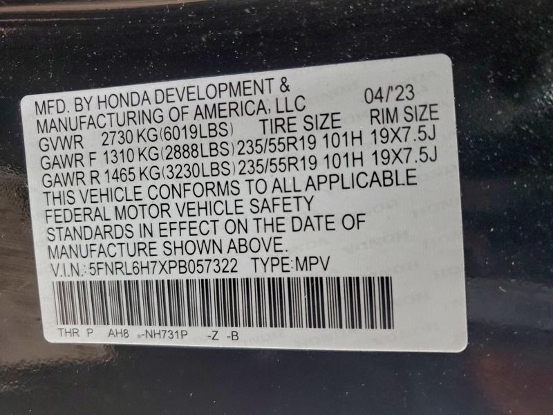2023 Honda Odyssey მანქანა იყიდება აუქციონზე, vin: 5FNRL6H7XPB057322, აუქციონის ნომერი: 95165555