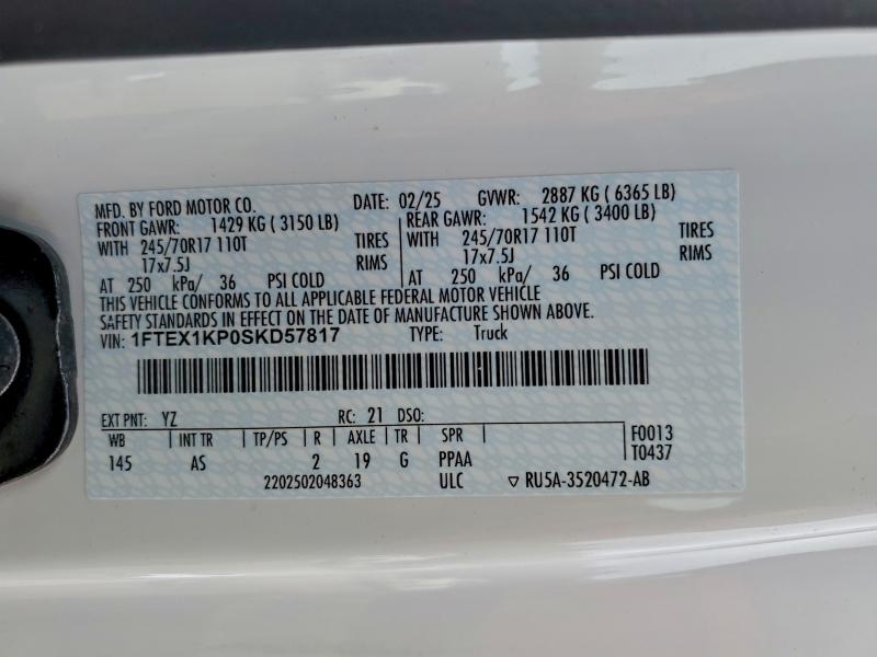 Продажа на аукционе авто 2025 Ford F150, vin: 1FTEX1KP0SKD57817, номер лота: 97204585