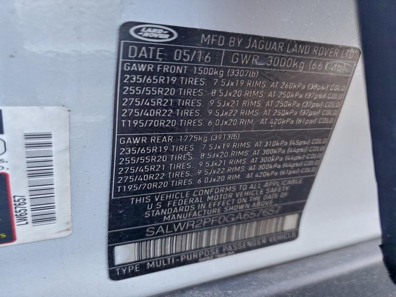 Aukcja sprzedaży 2016 Land Rover Range Rove, vin: SALWR2PF0GA657657, numer aukcji: 95722185