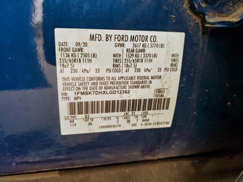Aukcja sprzedaży 2020 Ford Explorer, vin: 1FMSK7DHXLGD12362, numer aukcji: 95748055
