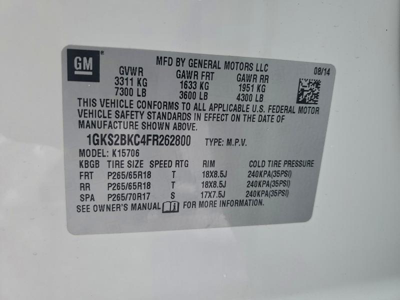95160705 :رقم المزاد ، 1GKS2BKC4FR262800 vin ، 2015 Gmc Yukon Slt مزاد بيع