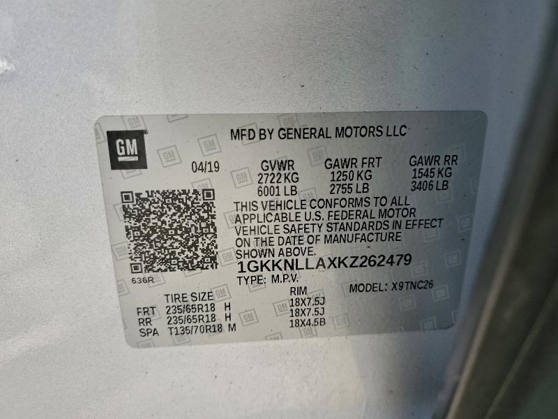 96174635 :رقم المزاد ، 1GKKNLLAXKZ262479 vin ، 2019 Gmc Acadia مزاد بيع