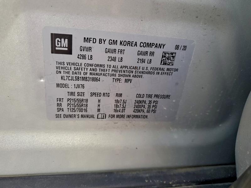 97292965 :رقم المزاد ، KL7CJLSB1MB318064 vin ، 2021 Chevrolet Trax 1lt مزاد بيع