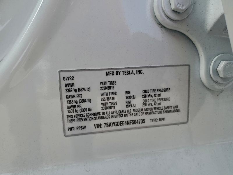96604355 :رقم المزاد ، 7SAYGDEE4NF504735 vin ، 2022 Tesla Model Y مزاد بيع