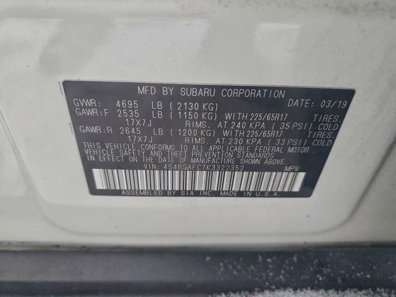 2019 Subaru Outback მანქანა იყიდება აუქციონზე, vin: 4S4BSAFC7K3322352, აუქციონის ნომერი: 94753265