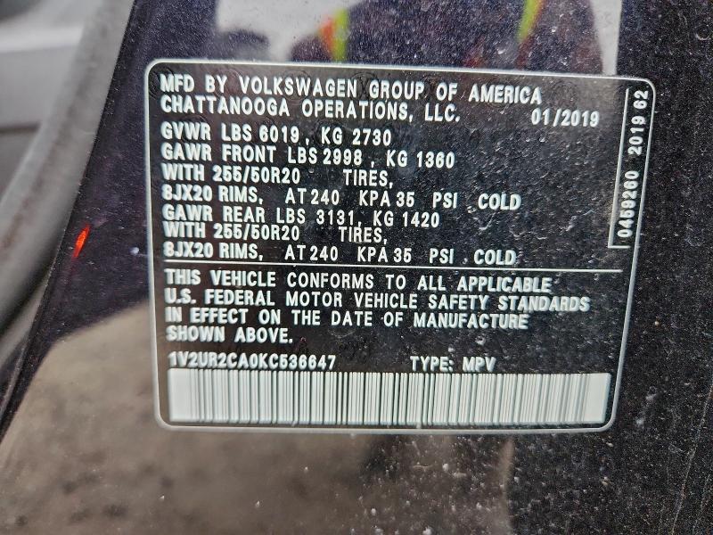 97939595 :رقم المزاد ، 1V2UR2CA0KC536647 vin ، 2019 Volkswagen Atlas مزاد بيع