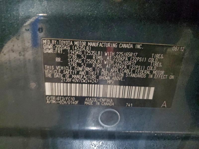 96273015 :رقم المزاد ، 2T3BF4DV7CW244247 vin ، 2012 Toyota Rav4 مزاد بيع