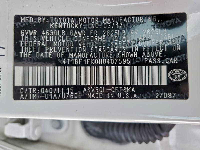 96154455 :رقم المزاد ، 4T1BF1FK0HU407595 vin ، 2017 Toyota Camry مزاد بيع