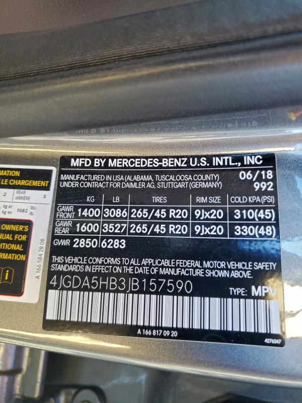 Aukcja sprzedaży 2018 Mercedes-benz Gle, vin: 4JGDA5HB3JB157590, numer aukcji: 94757055