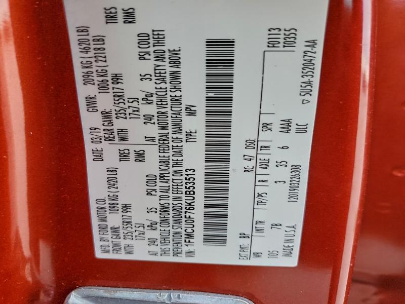 Продаж на аукціоні авто 2019 Ford Escape, vin: 1FMCU0F76KUB53513, номер лоту: 97325925