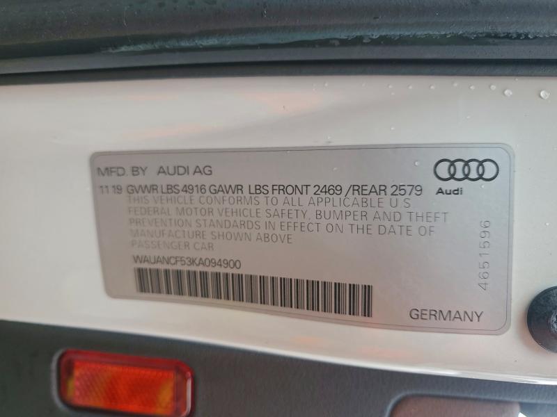 2019 Audi A5 მანქანა იყიდება აუქციონზე, vin: WAUANCF53KA094900, აუქციონის ნომერი: 97834905