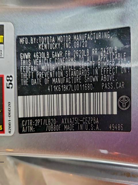 97805265 :رقم المزاد ، 4T1K61BK7LU011680 vin ، 2020 Toyota Camry مزاد بيع