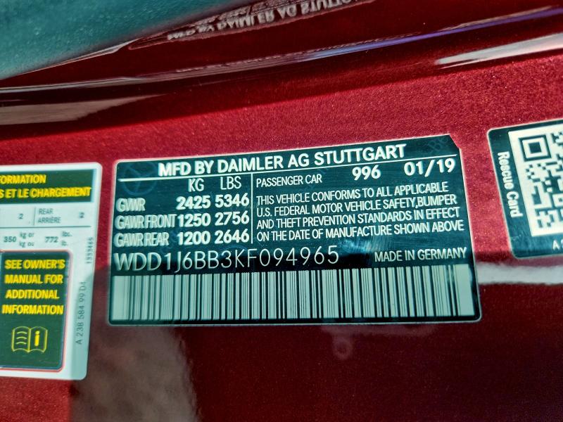 2019 Mercedes-benz E მანქანა იყიდება აუქციონზე, vin: WDD1J6BB3KF094965, აუქციონის ნომერი: 96597625