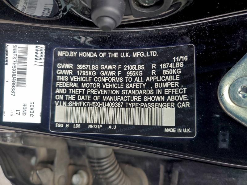 Auction sale of the 2017 Honda Civic Ex, vin: SHHFK7H5XHU409387, lot number: 92022655