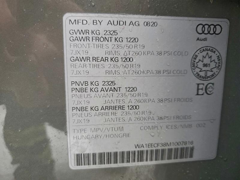 Aukcja sprzedaży 2021 Audi Q3, vin: WA1EECF38M1007816, numer aukcji: 95182675