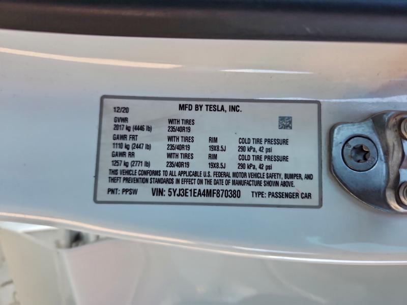 97372575 :رقم المزاد ، 5YJ3E1EA4MF870380 vin ، 2021 Tesla Model 3 مزاد بيع