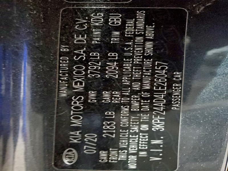 97277845 :رقم المزاد ، 3KPF24AD4LE260457 vin ، 2020 Kia Forte مزاد بيع