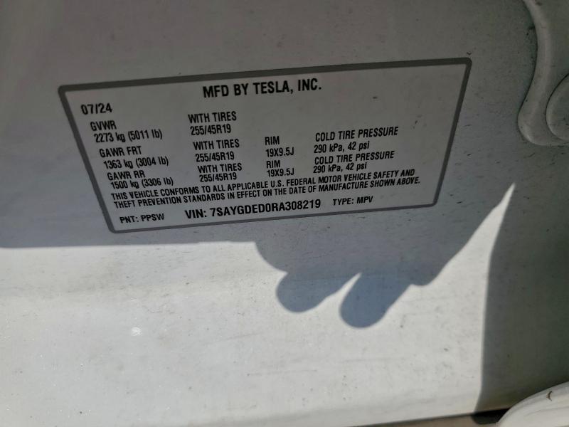 Продажа на аукционе авто 2024 Tesla Model Y, vin: 7SAYGDED0RA308219, номер лота: 98028585