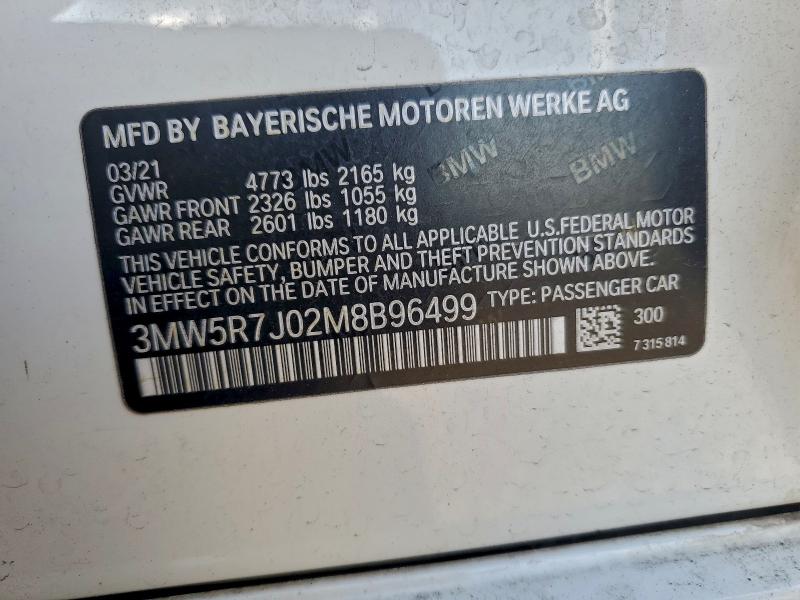2021 Bmw 330xi მანქანა იყიდება აუქციონზე, vin: 3MW5R7J02M8B96499, აუქციონის ნომერი: 94380955