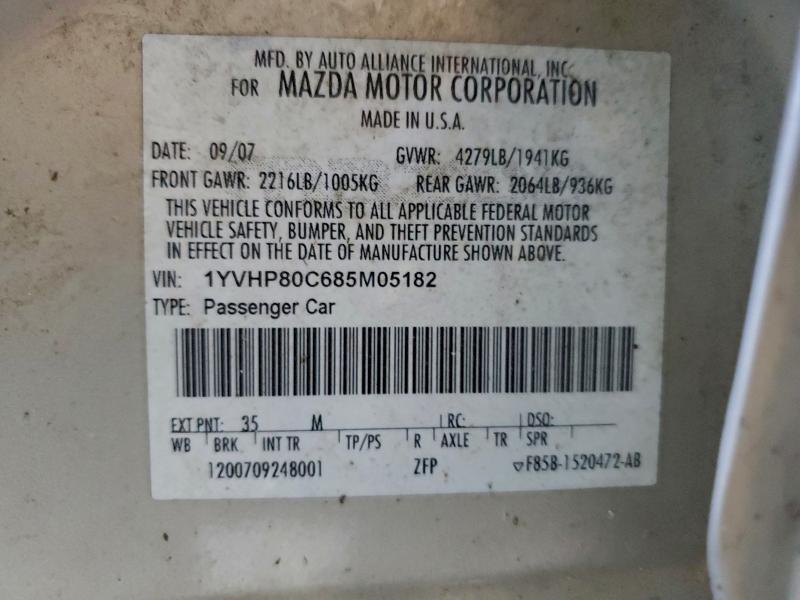Aukcja sprzedaży 2008 Mazda 6, vin: 1YVHP80C685M05182, numer aukcji: 78334425