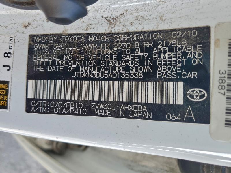 95140835 :رقم المزاد ، JTDKN3DU5A0135338 vin ، 2010 Toyota Prius مزاد بيع