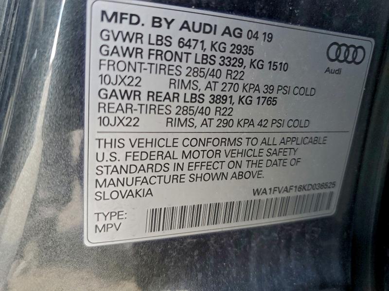 Aukcja sprzedaży 2019 Audi Q8, vin: WA1FVAF16KD036525, numer aukcji: 94762225