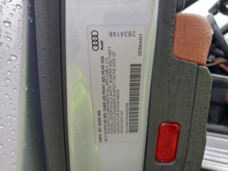 2022 Audi A4 მანქანა იყიდება აუქციონზე, vin: WAUABAF4XNN001436, აუქციონის ნომერი: 94897075