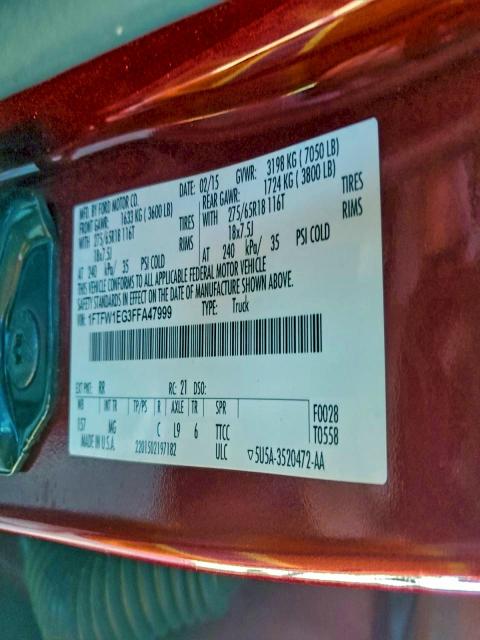 96539025 :رقم المزاد ، 1FTFW1EG3FFA47999 vin ، 2015 Ford F150 Super مزاد بيع