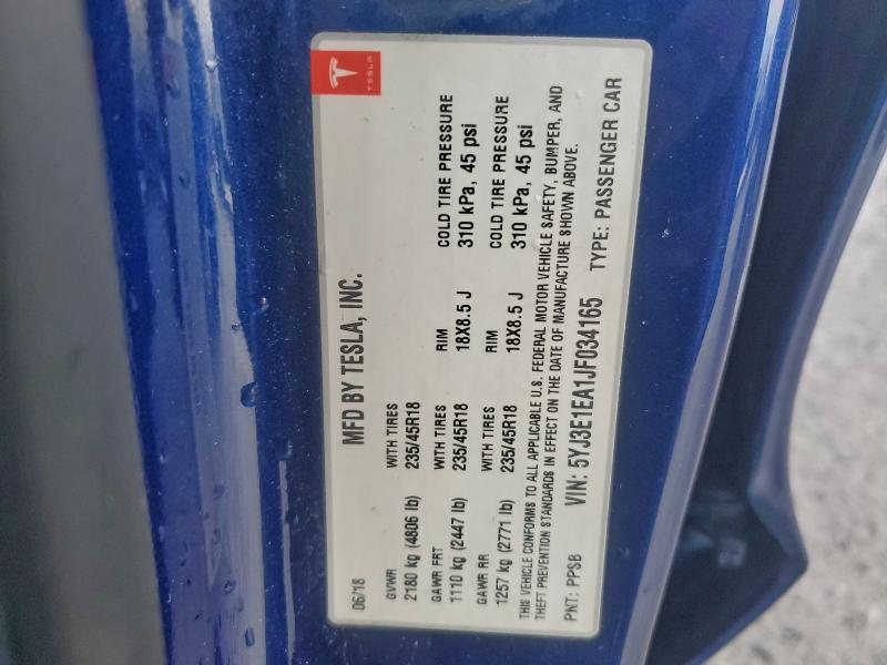 97880125 :رقم المزاد ، 5YJ3E1EA1JF034165 vin ، 2018 Tesla Model 3 مزاد بيع