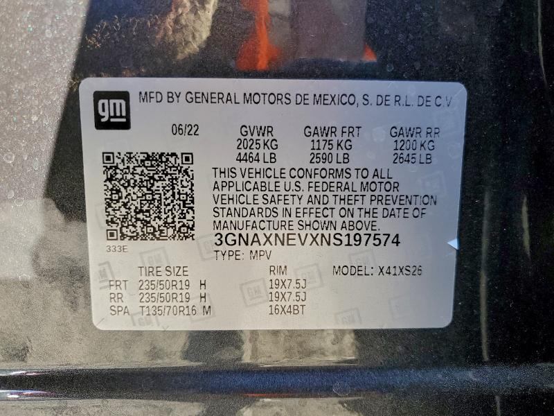 95798365 :رقم المزاد ، 3GNAXNEVXNS197574 vin ، 2022 Chevrolet Equinox مزاد بيع
