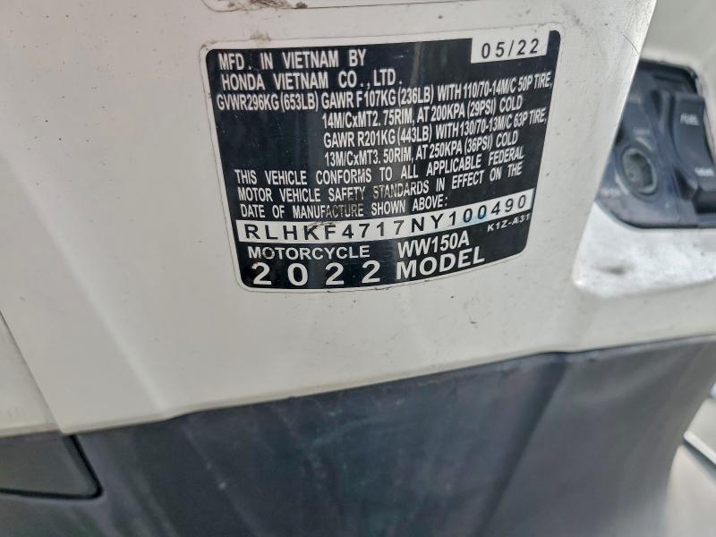 Auction sale of the 2022 Honda Ww150, vin: RLHKF4717NY100490, lot number: 94929125
