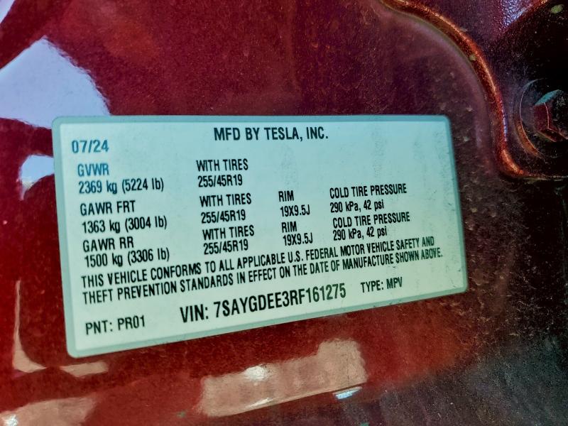 94998665 :رقم المزاد ، 7SAYGDEE3RF161275 vin ، 2024 Tesla Model Y مزاد بيع