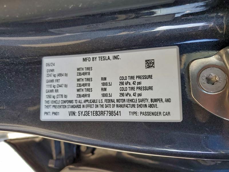 2024 Tesla Model 3 მანქანა იყიდება აუქციონზე, vin: 5YJ3E1EB3RF798541, აუქციონის ნომერი: 97234475