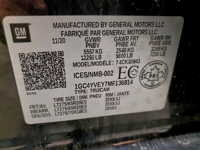 89610765 :رقم المزاد ، 1GC4YVEY7MF136814 vin ، 2021 Chevrolet Silverado مزاد بيع