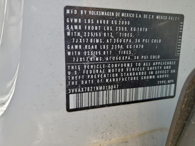 2022 Volkswagen Taos მანქანა იყიდება აუქციონზე, vin: 3VVAX7B21NM016947, აუქციონის ნომერი: 97450005