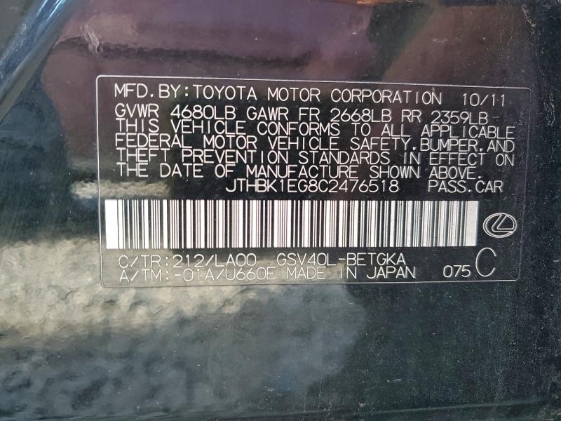 94715215 :رقم المزاد ، JTHBK1EG8C2476518 vin ، 2012 Lexus Es 350 مزاد بيع