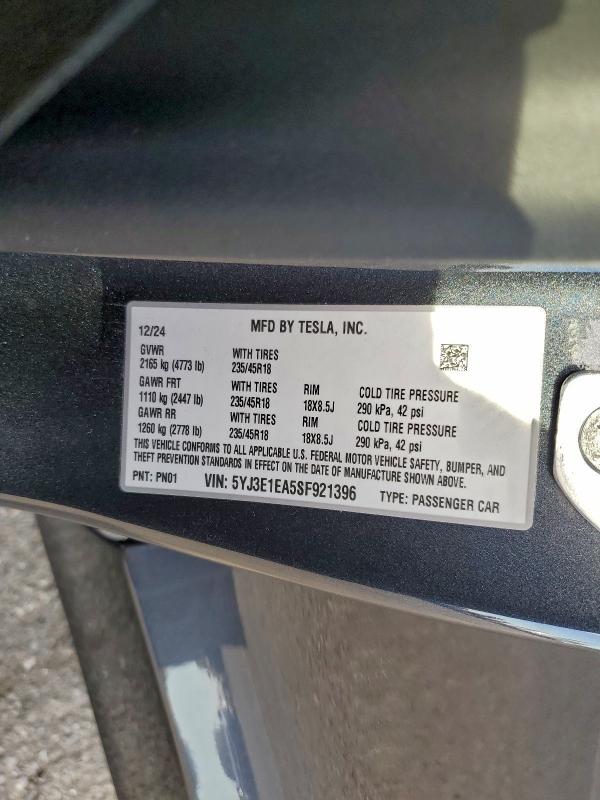 97047585 :رقم المزاد ، 5YJ3E1EA5SF921396 vin ، 2025 Tesla Model 3 مزاد بيع
