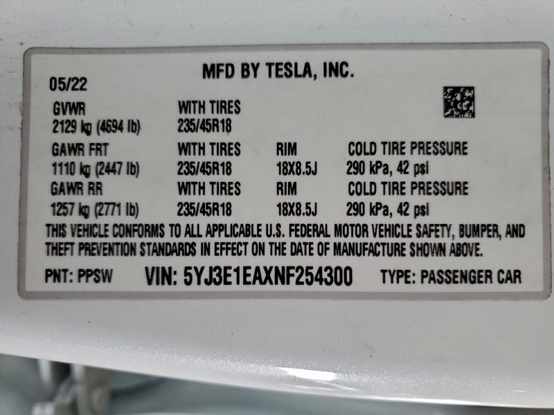 Aukcja sprzedaży 2022 Tesla Model 3, vin: 5YJ3E1EAXNF254300, numer aukcji: 97824815