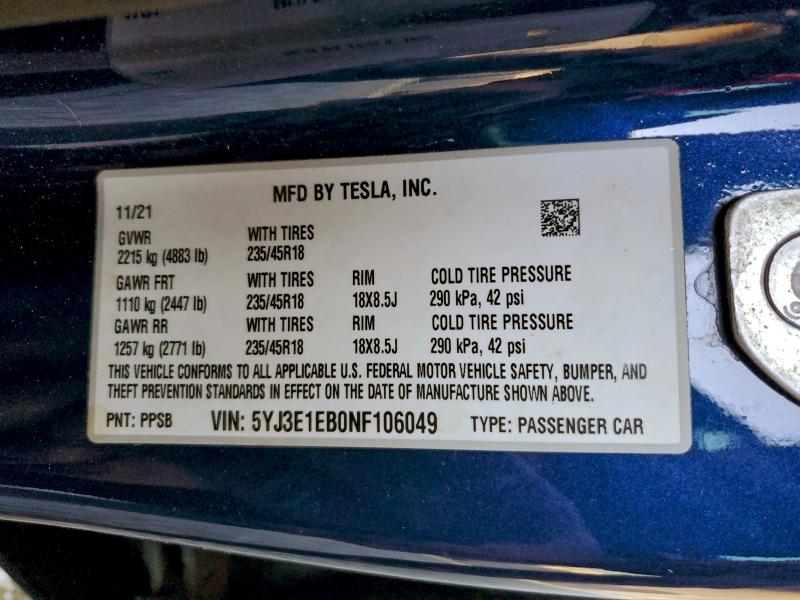 95962295 :رقم المزاد ، 5YJ3E1EB0NF106049 vin ، 2022 Tesla Model 3 مزاد بيع