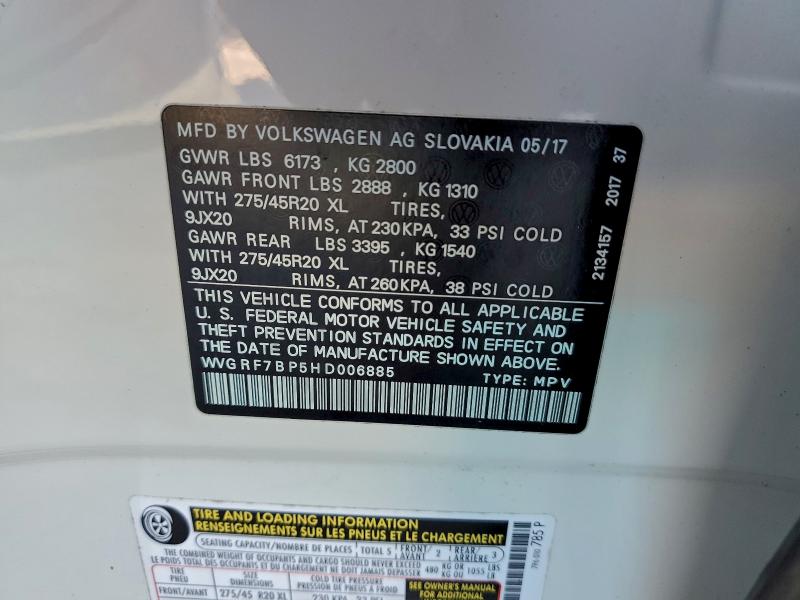 96205045 :رقم المزاد ، WVGRF7BP5HD006885 vin ، 2017 Volkswagen Touareg Wo مزاد بيع