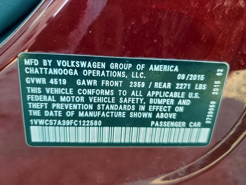 Aukcja sprzedaży 2015 Volkswagen Passat, vin: 1VWCS7A39FC122580, numer aukcji: 96817715